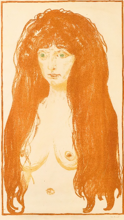蒙克版画的油画作品-Woman with Red Hair and Green Eyes. The Sin, 1902