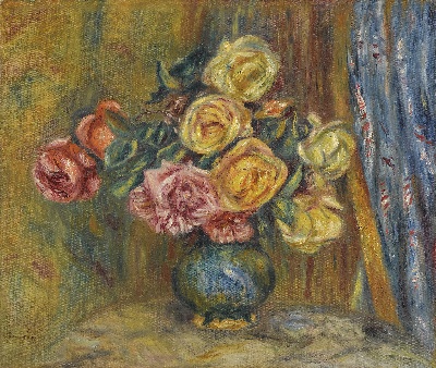 印象派图集1的油画作品-Pierre-Auguste Renoir-LES ROSES AU RIDEAU BLEU