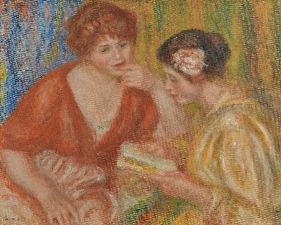 印象派图集1的油画作品-Pierre-Auguste Renoir-LA LECTURE, DEUX FEMMES AUX CORSAGES ROUGE ET ROSE
