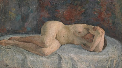 印象派图集5的油画作品-Henri Lebasque-NU ALLONGE LES BRAS CROISES