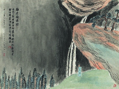 历代国画.源文件.石门二十四景册页的国画作品-1129-石门二十四景图-鸡岩飞瀑图