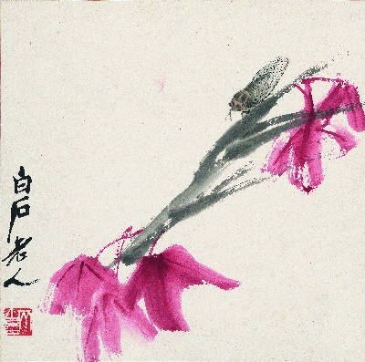 历代国画.花卉草虫册页（17开）重复5.380dpi的国画作品-70齐白石 红叶鸣蝉图33-33
