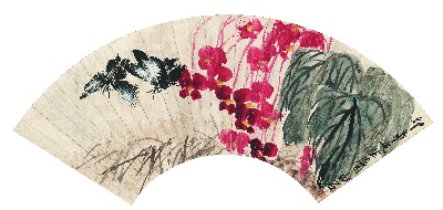 历代国画.源文件.齐白石扇面集18开的国画作品-1865-齐白石-恋花双蝶扇