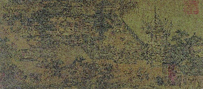 国画印刷版.五代的国画作品-五代 佚名 无款闸口盘车 绢本53.3x119.2