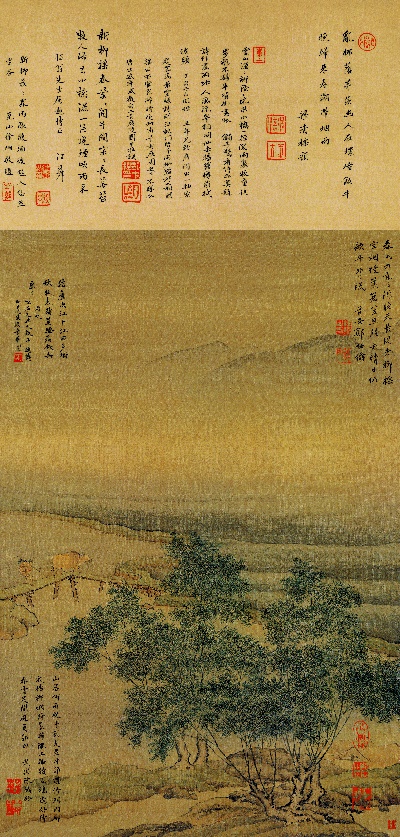 国画印刷版.宋的国画作品-宋 杨柳 暮归图 绢本44X92