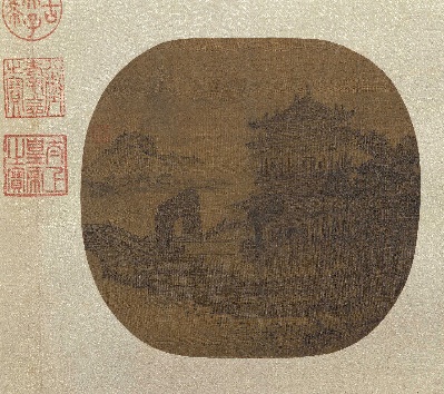 国画印刷版.元.夏永的国画作品- 夏永 映水楼台图页绢本23.9x25