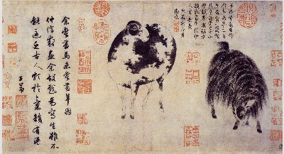 国画印刷版.元.赵孟頫的国画作品- 赵孟頫 二羊图纸本25．2x48．4弗利尔美术馆藏