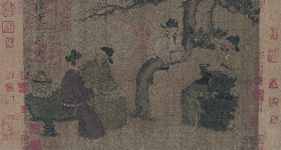 国画印刷版.五代.周文矩的国画作品-五代 周文矩 琉璃堂人物图绢本31.3x126.2