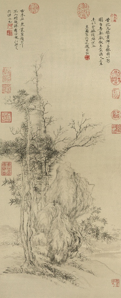 国画印刷版.元.倪瓒的国画作品- 倪瓒 古木业篁图33x82