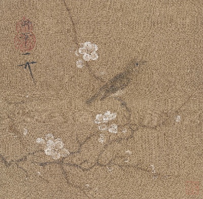 国画印刷版.宋.赵佶的国画作品-北宋 赵佶 梅花绣眼图页绢本24.5x24.8 故宫