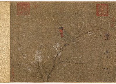 .-11MH30=new美国波士顿美术馆tif的作品-皇帝惠宗——一只五色长尾鹦鹉，长在一棵盛开的杏树上